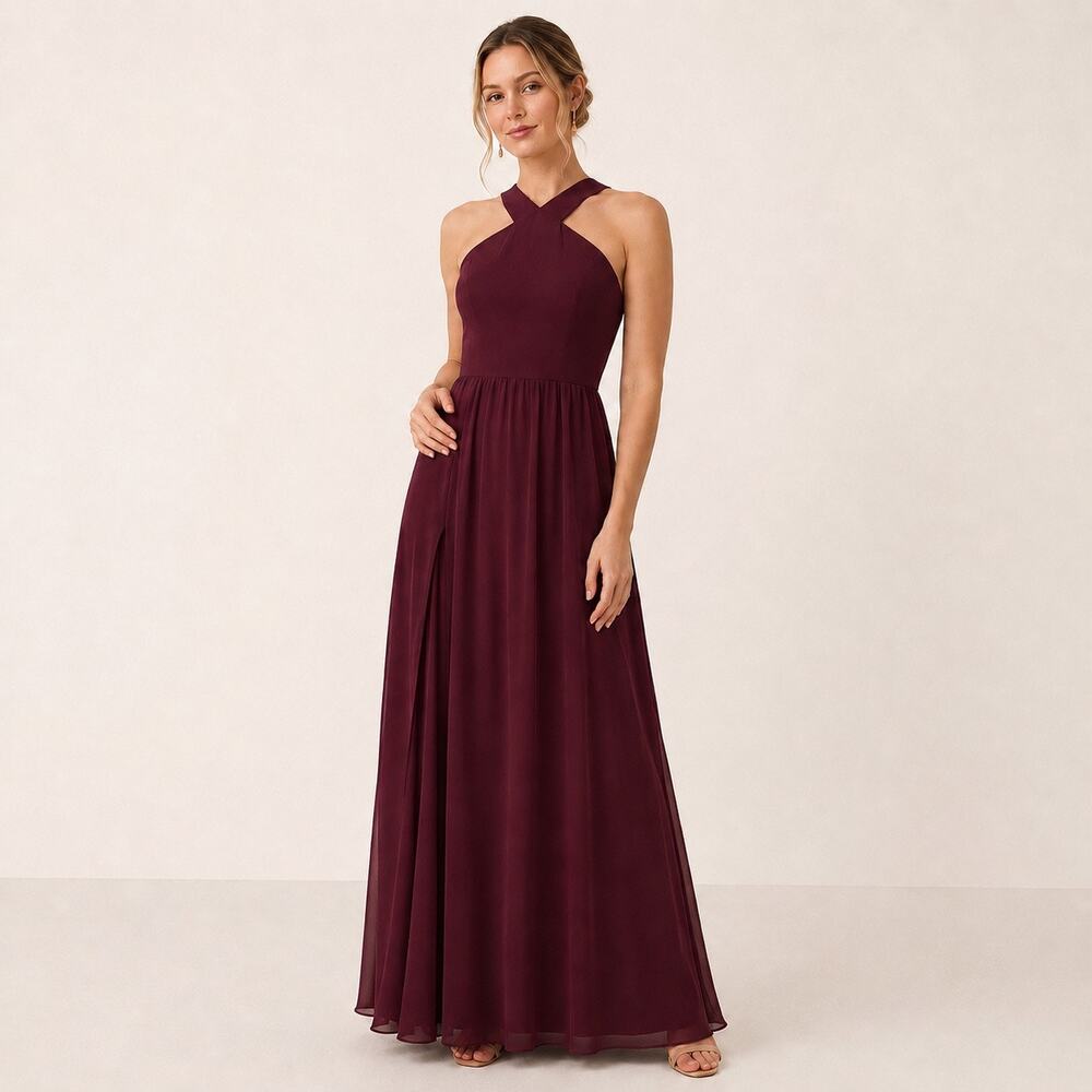 Lulus Air of Romance Burgundy Maxi Dress Halter Bridesmaid Wedding Guest Formal